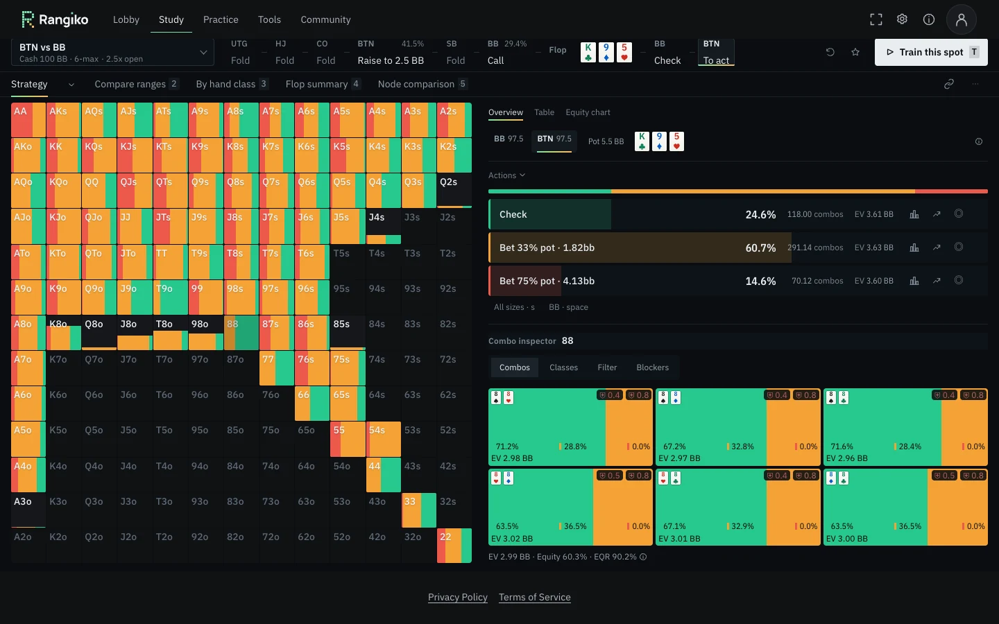 Real local Study screen: button versus big blind on a K-9-5 flop, showing strategy frequencies and expected value